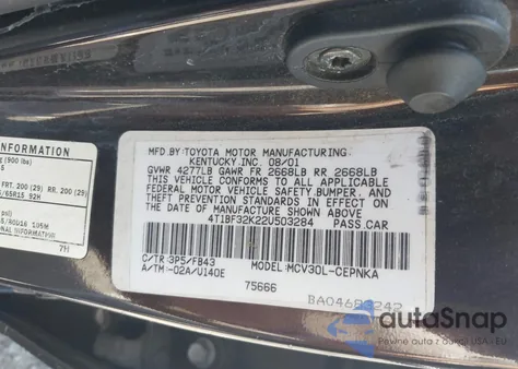 2002 Toyota Camry Le V6 from USA, damaged, VIN 4T1BF32K22U503284